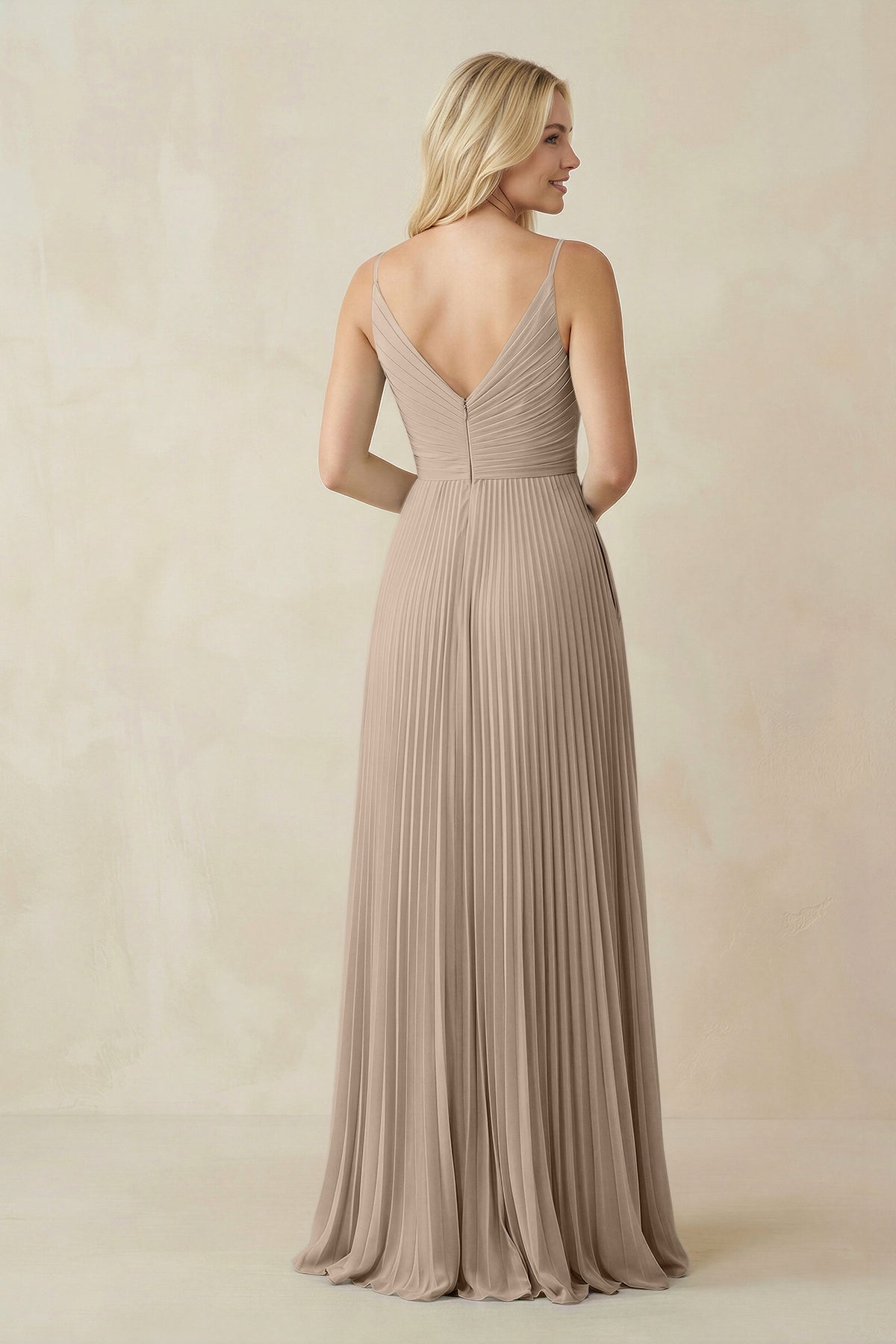 Pleated V - Neck A - Line Chiffon Bridesmaid Dress in Almond - SHE IS ME Bridesmaid Dresses