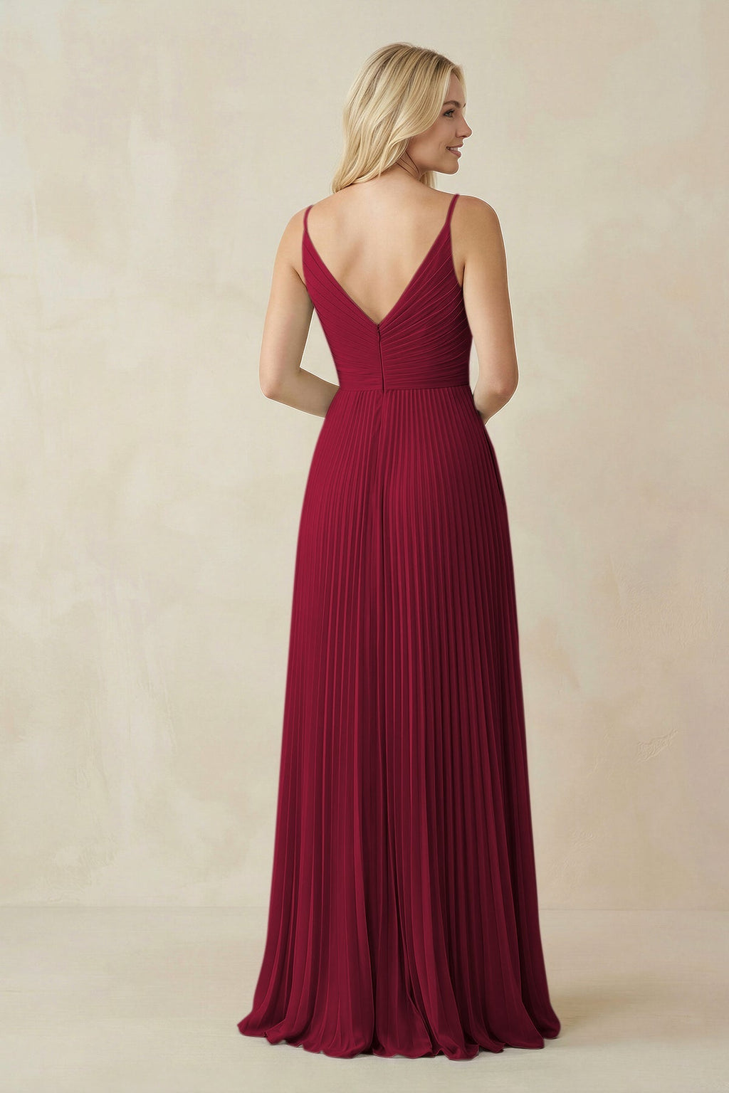 Pleated V - Neck A - Line Chiffon Bridesmaid Dress in Berry - SHE IS ME Bridesmaid Dresses