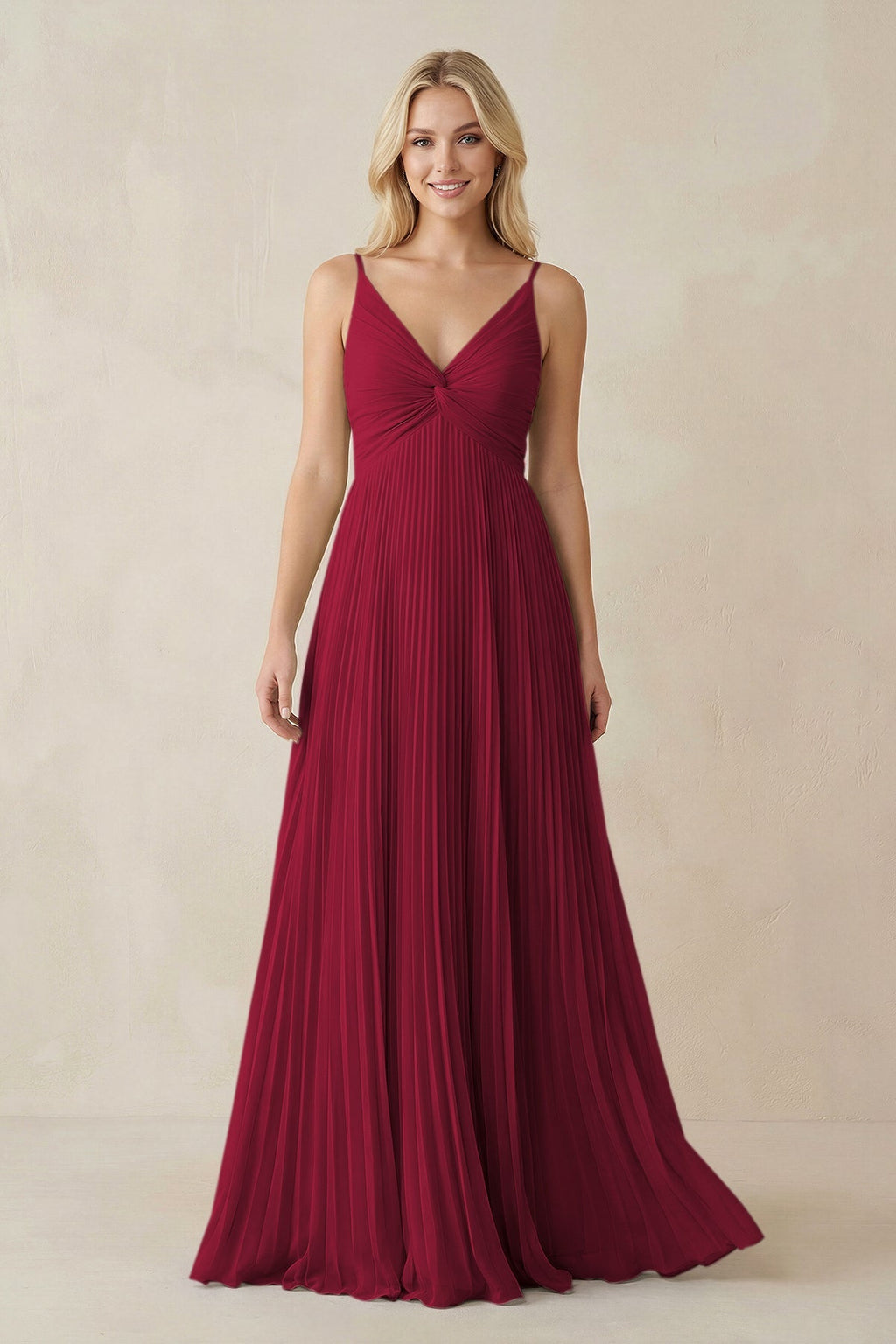 Pleated V - Neck A - Line Chiffon Bridesmaid Dress in Berry - SHE IS ME Bridesmaid Dresses
