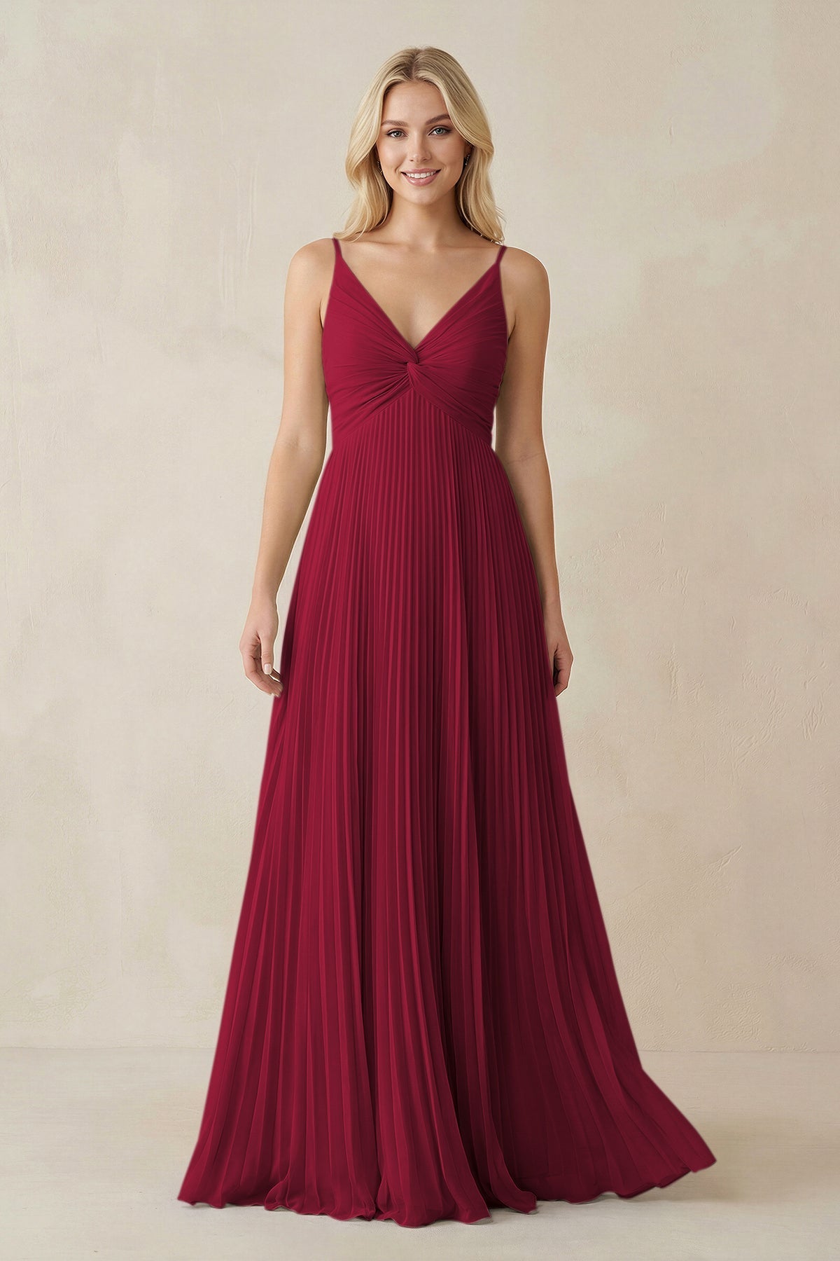 Pleated V - Neck A - Line Chiffon Bridesmaid Dress in Berry - SHE IS ME Bridesmaid Dresses