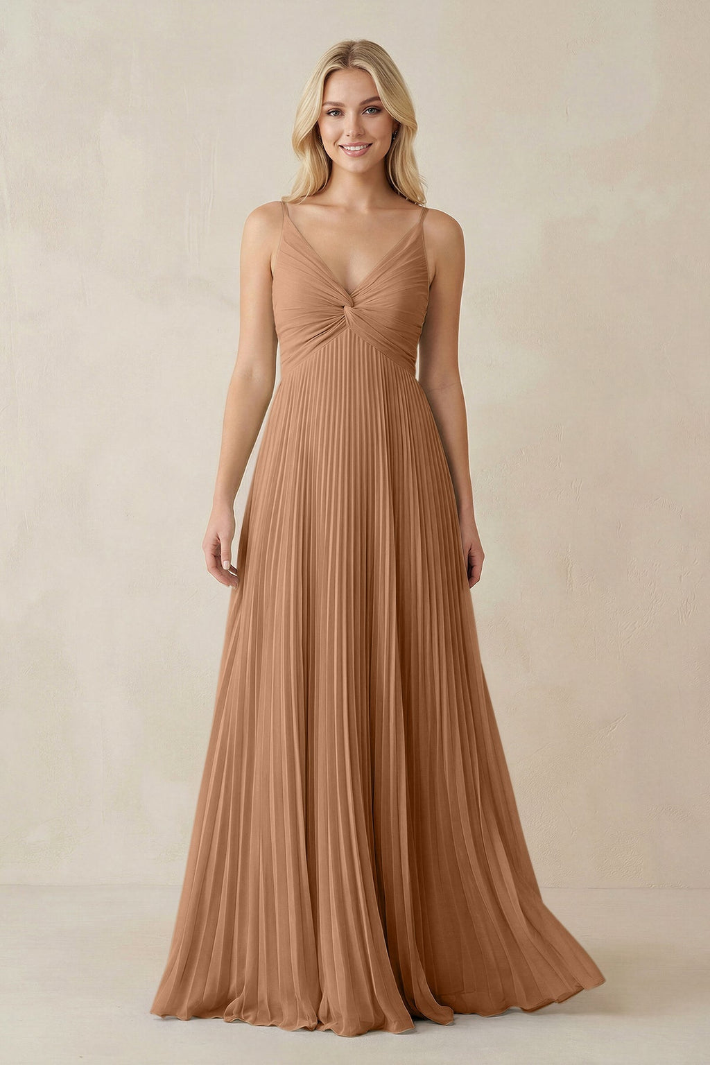 Pleated V - Neck A - Line Chiffon Bridesmaid Dress in Bronzer - SHE IS ME Bridesmaid Dresses