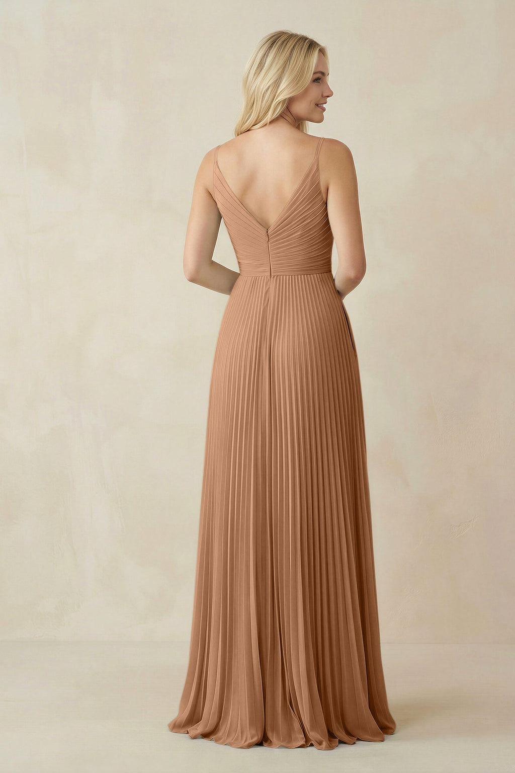 Pleated V - Neck A - Line Chiffon Bridesmaid Dress in Bronzer - SHE IS ME Bridesmaid Dresses