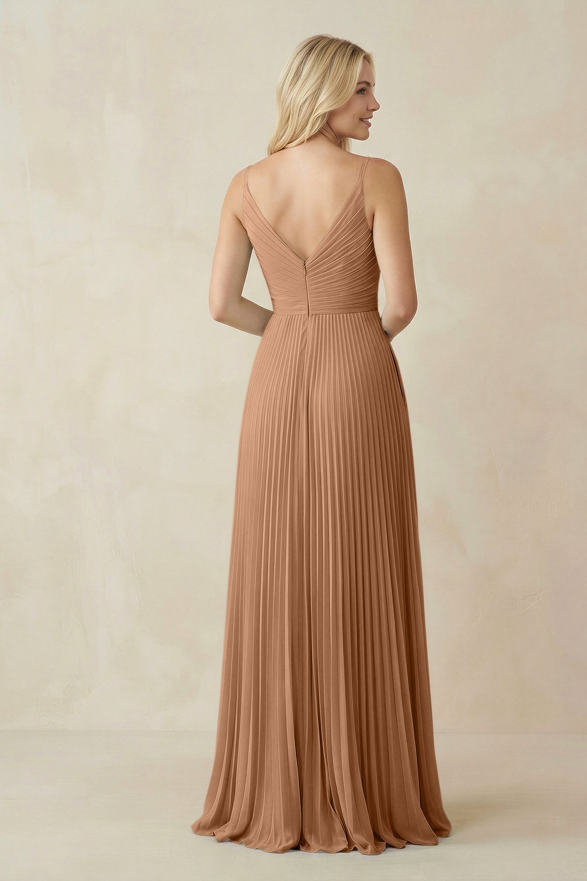 Pleated V - Neck A - Line Chiffon Bridesmaid Dress in Bronzer - SHE IS ME Bridesmaid Dresses