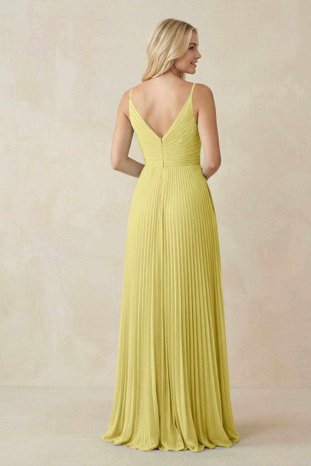 Pleated V - Neck A - Line Chiffon Bridesmaid Dress in Buttercup - SHE IS ME Bridesmaid Dresses