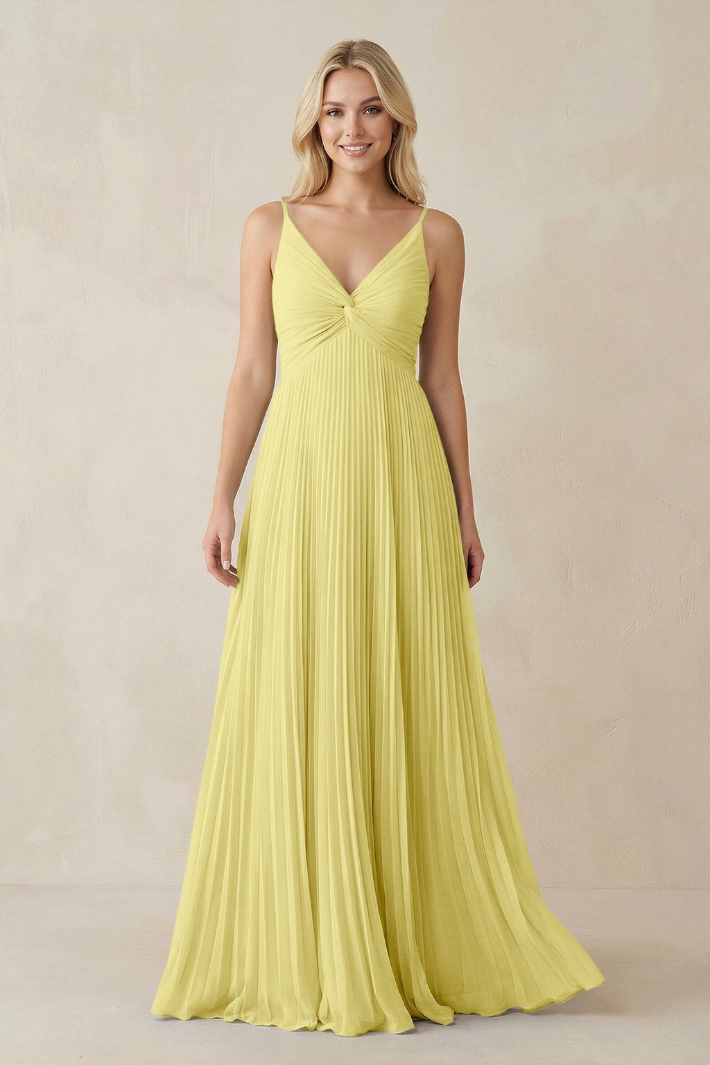 Pleated V - Neck A - Line Chiffon Bridesmaid Dress in Buttercup - SHE IS ME Bridesmaid Dresses