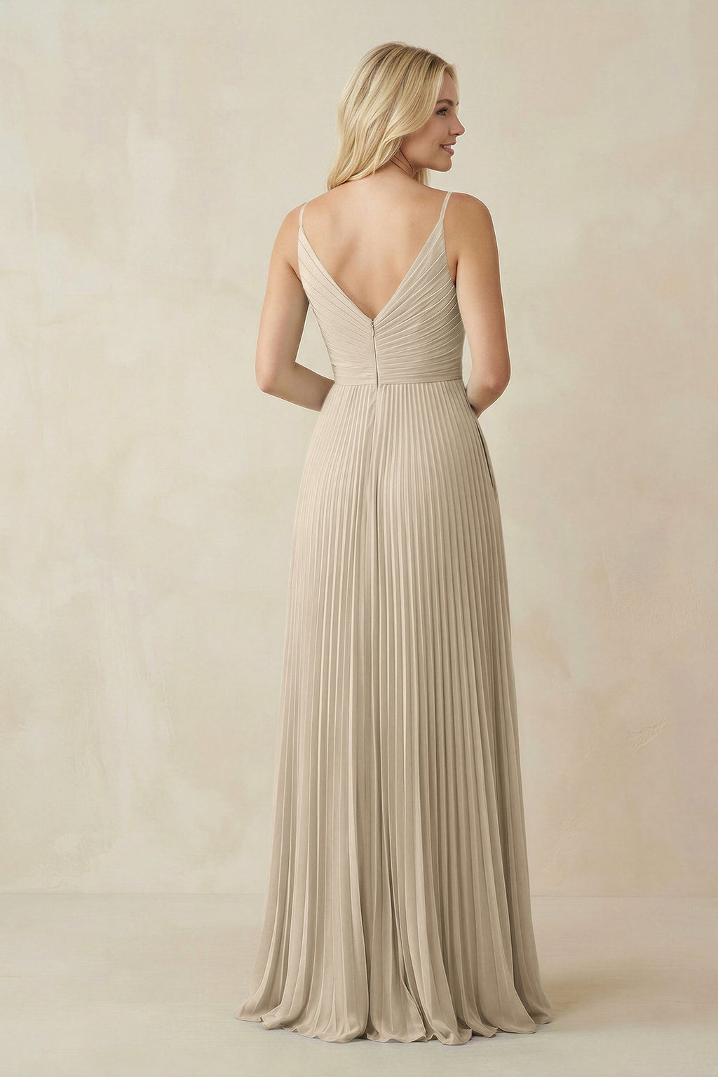 Pleated V - Neck A - Line Chiffon Bridesmaid Dress in Champagne - SHE IS ME Bridesmaid Dresses