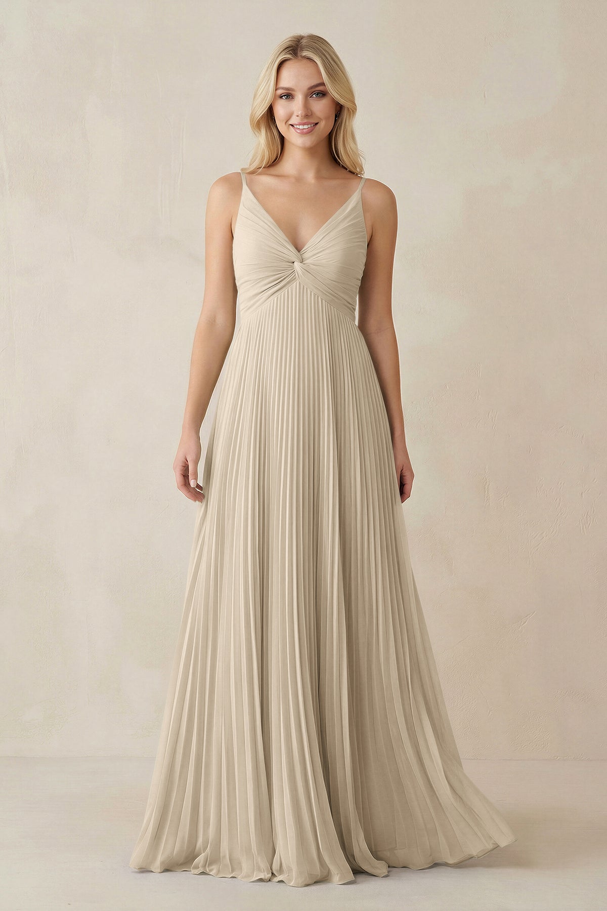 Pleated V - Neck A - Line Chiffon Bridesmaid Dress in Champagne - SHE IS ME Bridesmaid Dresses