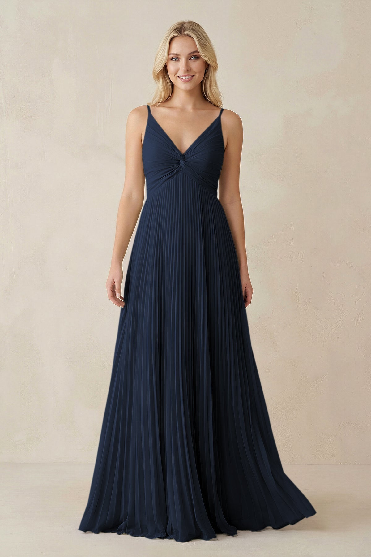 Pleated V - Neck A - Line Chiffon Bridesmaid Dress in Dark Navy - SHE IS ME Bridesmaid Dresses