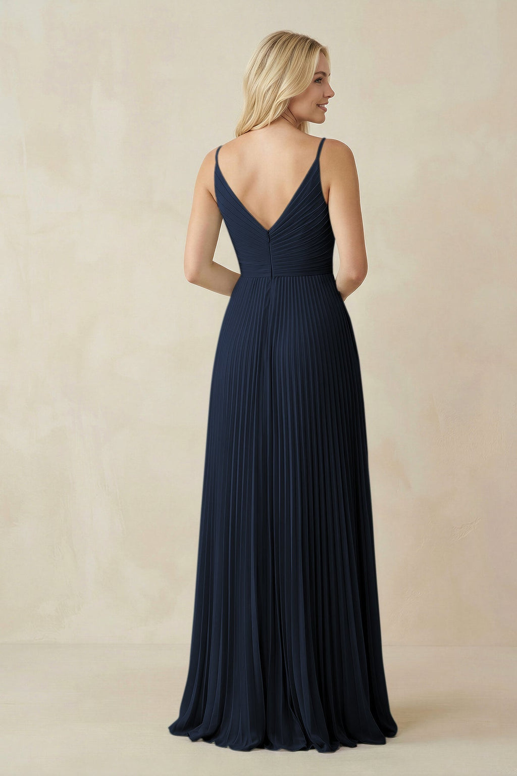 Pleated V - Neck A - Line Chiffon Bridesmaid Dress in Dark Navy - SHE IS ME Bridesmaid Dresses