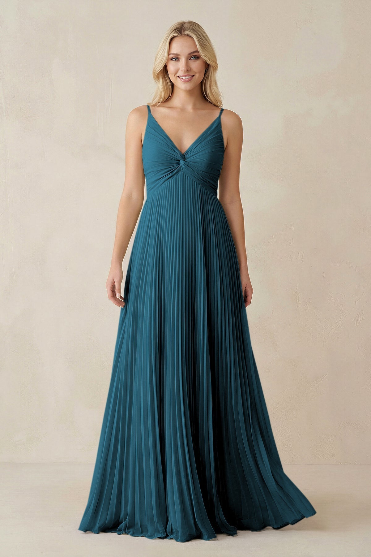 Pleated V - Neck A - Line Chiffon Bridesmaid Dress in Dark Teal - SHE IS ME Bridesmaid Dresses