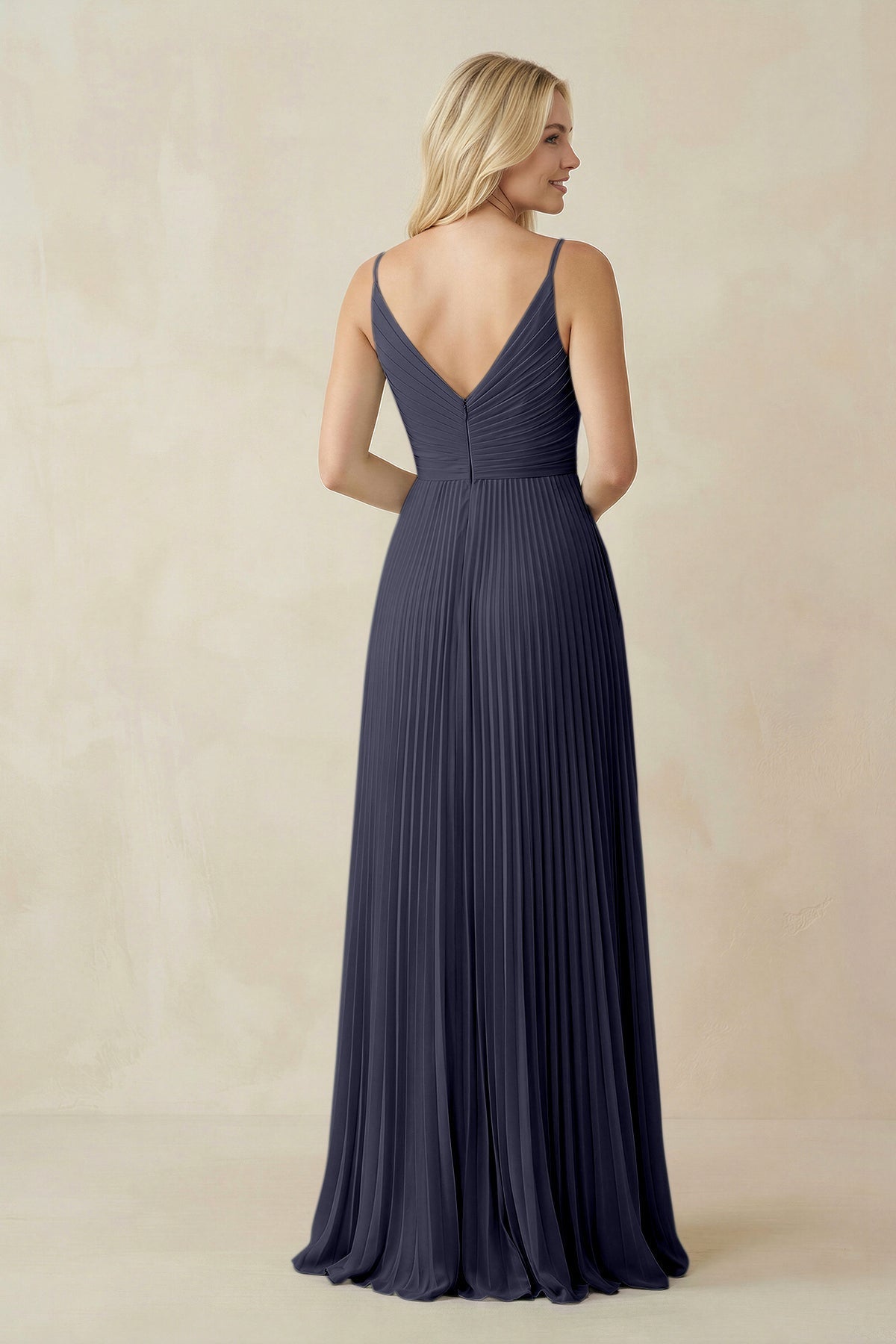Pleated V - Neck A - Line Chiffon Bridesmaid Dress in Dusk Blue - SHE IS ME Bridesmaid Dresses