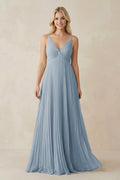 Pleated V - Neck A - Line Chiffon Bridesmaid Dress in Dusty Blue - SHE IS ME Bridesmaid Dresses