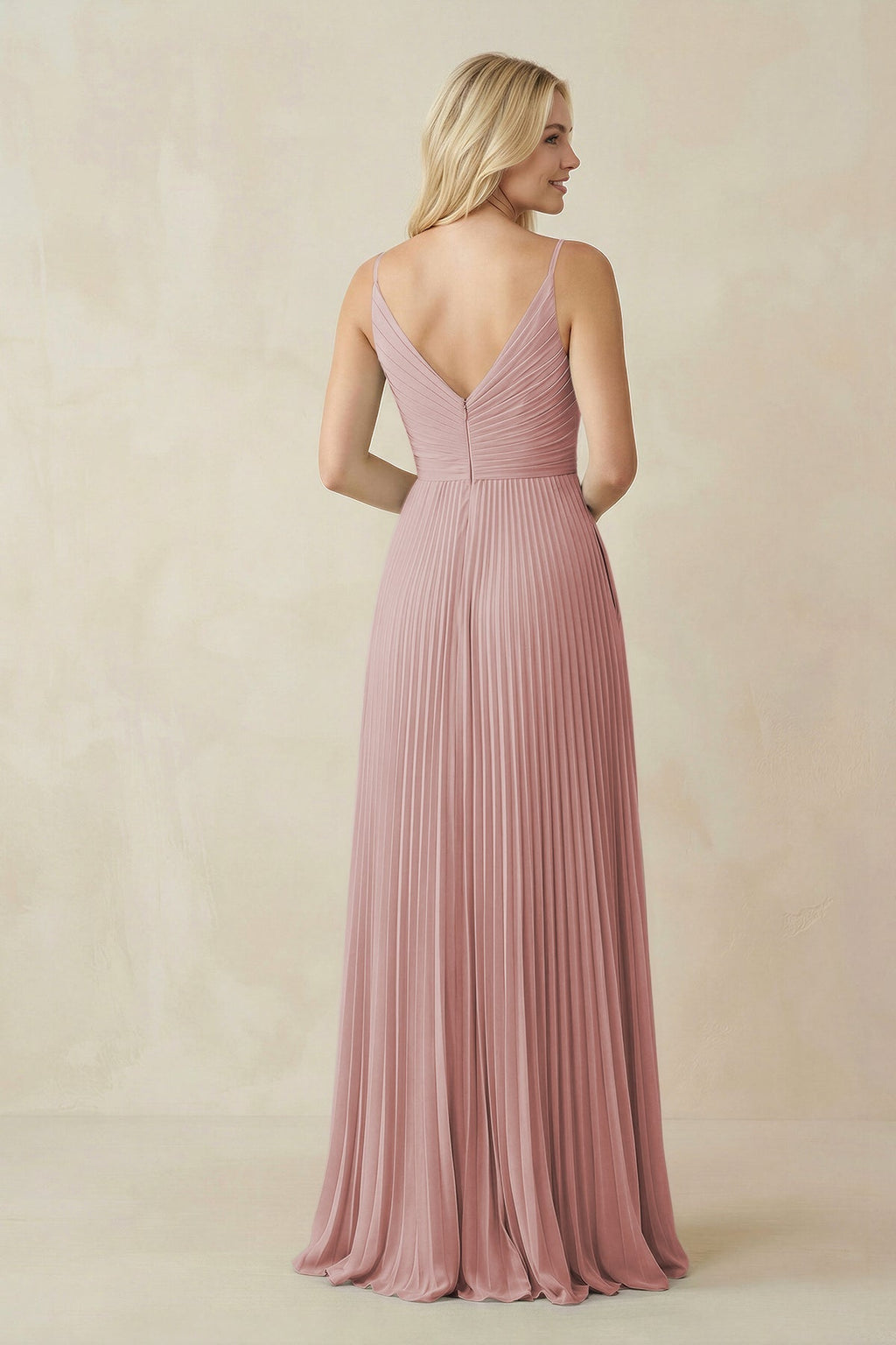 Pleated V - Neck A - Line Chiffon Bridesmaid Dress in Dusty Rose - SHE IS ME Bridesmaid Dresses