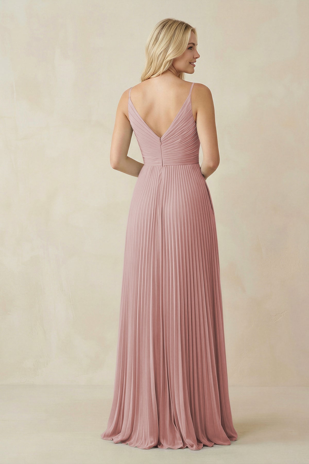 Pleated V - Neck A - Line Chiffon Bridesmaid Dress in Dusty Rose - SHE IS ME Bridesmaid Dresses