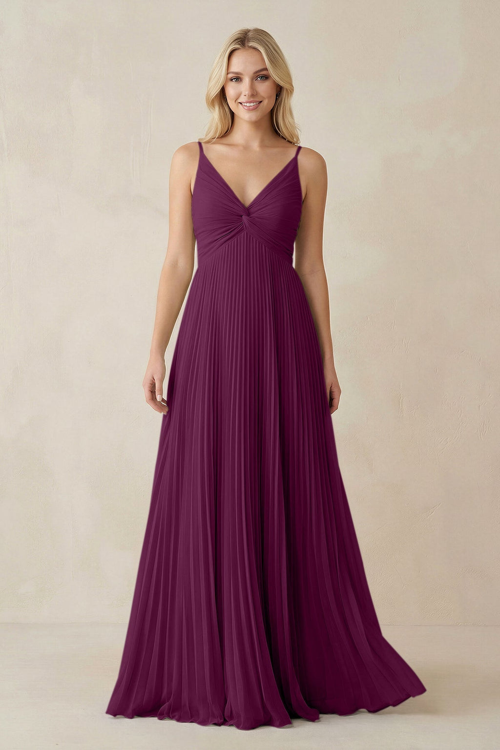 Pleated V - Neck A - Line Chiffon Bridesmaid Dress in Fig - SHE IS ME Bridesmaid Dresses