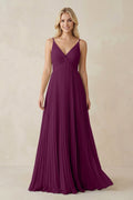 Pleated V - Neck A - Line Chiffon Bridesmaid Dress in Fig - SHE IS ME Bridesmaid Dresses