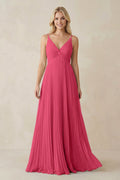 Pleated V - Neck A - Line Chiffon Bridesmaid Dress in Fuchsia - SHE IS ME Bridesmaid Dresses