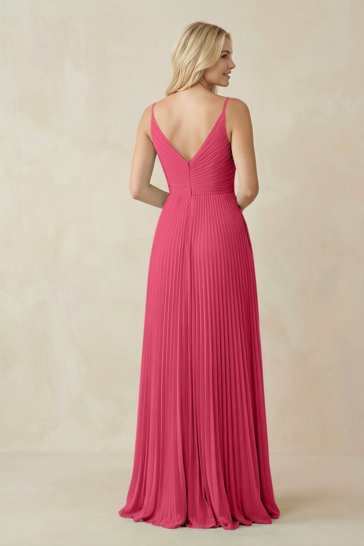 Pleated V - Neck A - Line Chiffon Bridesmaid Dress in Fuchsia - SHE IS ME Bridesmaid Dresses