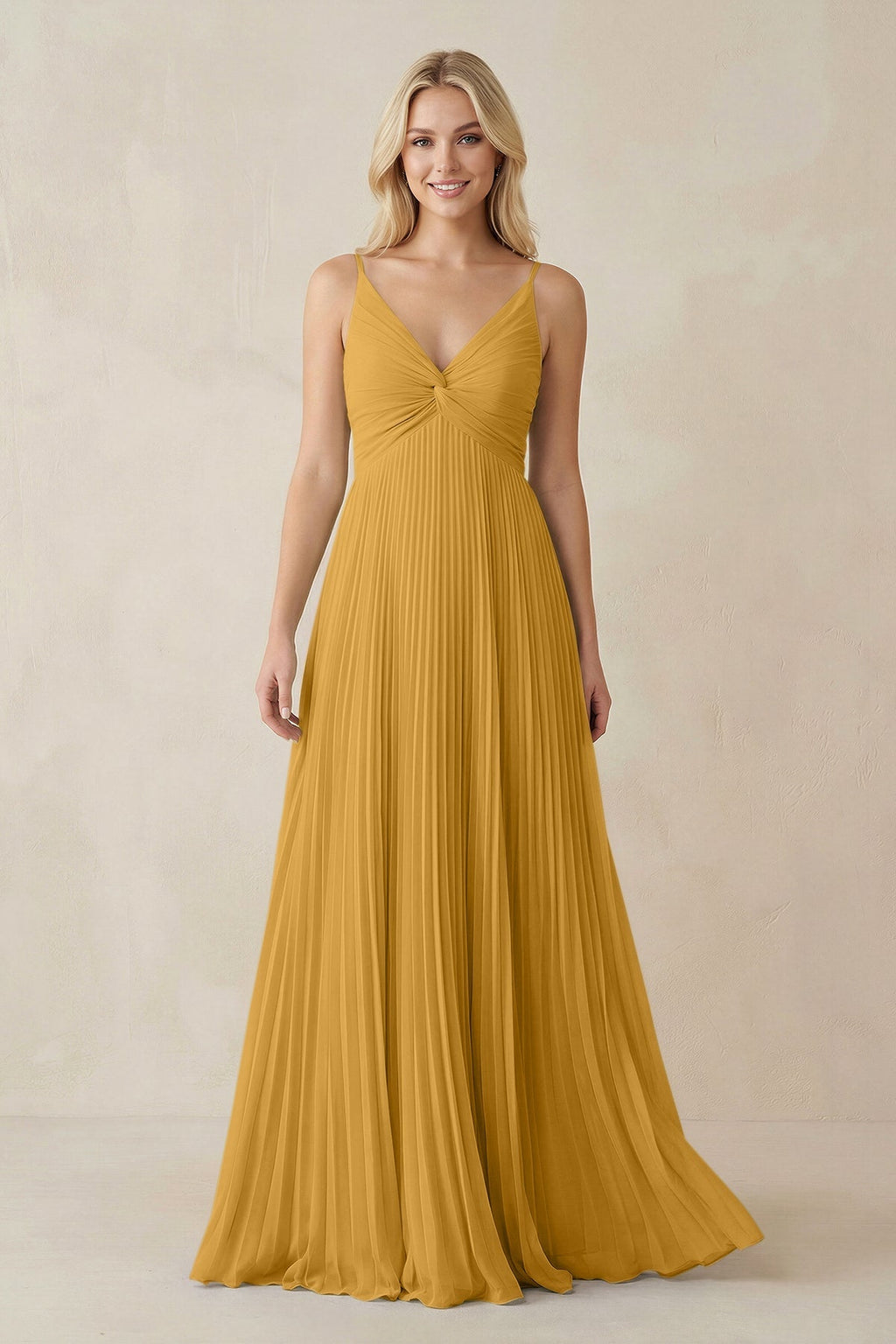 Pleated V - Neck A - Line Chiffon Bridesmaid Dress in Marigold - SHE IS ME Bridesmaid Dresses