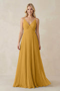 Pleated V - Neck A - Line Chiffon Bridesmaid Dress in Marigold - SHE IS ME Bridesmaid Dresses