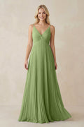 Pleated V - Neck A - Line Chiffon Bridesmaid Dress in Matcha - SHE IS ME Bridesmaid Dresses