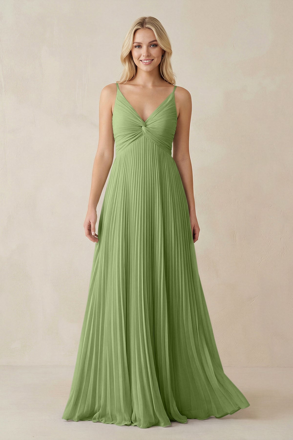 Pleated V - Neck A - Line Chiffon Bridesmaid Dress in Matcha - SHE IS ME Bridesmaid Dresses