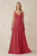 Pleated V - Neck A - Line Chiffon Bridesmaid Dress in Merlot - SHE IS ME Bridesmaid Dresses