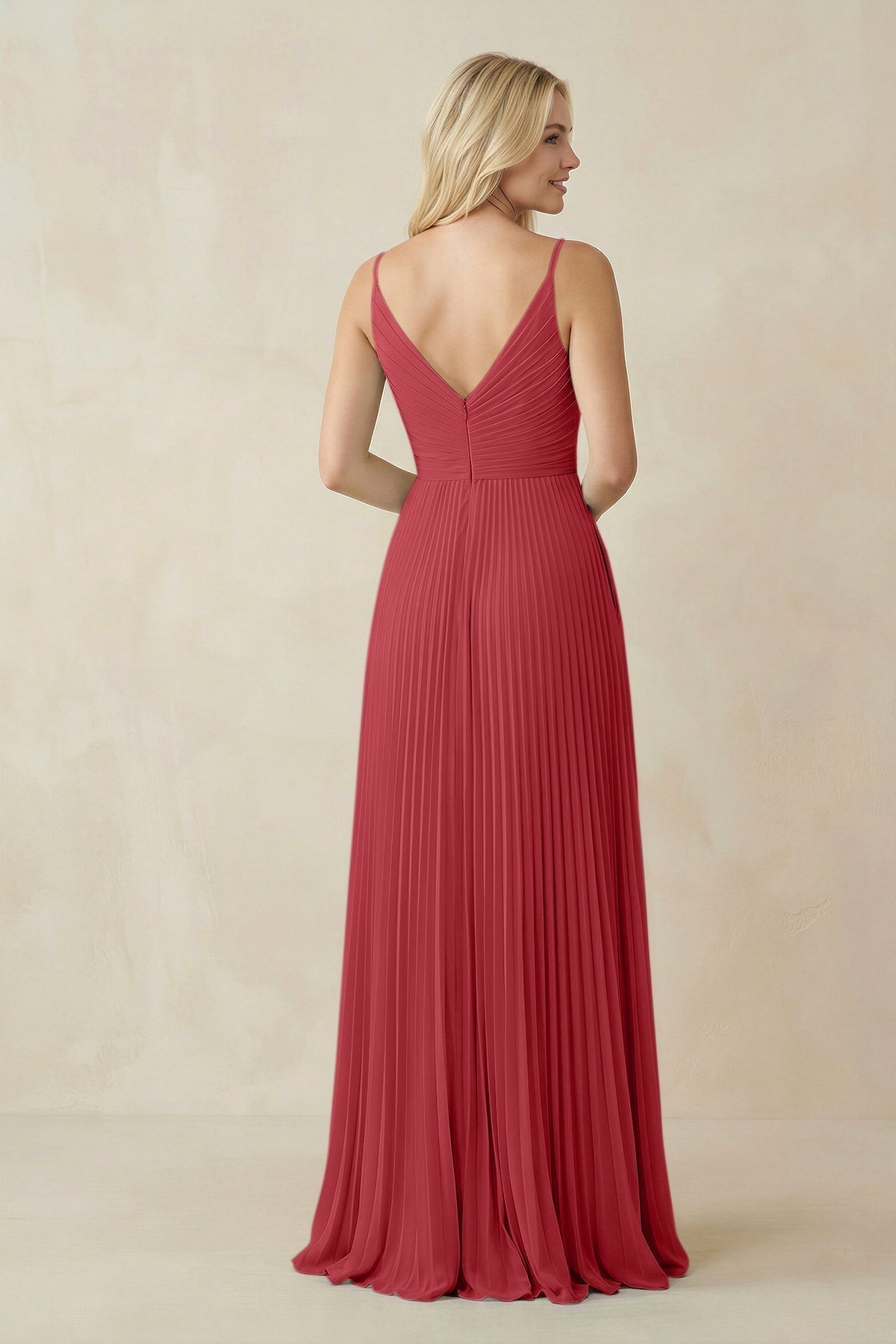 Pleated V - Neck A - Line Chiffon Bridesmaid Dress in Merlot - SHE IS ME Bridesmaid Dresses