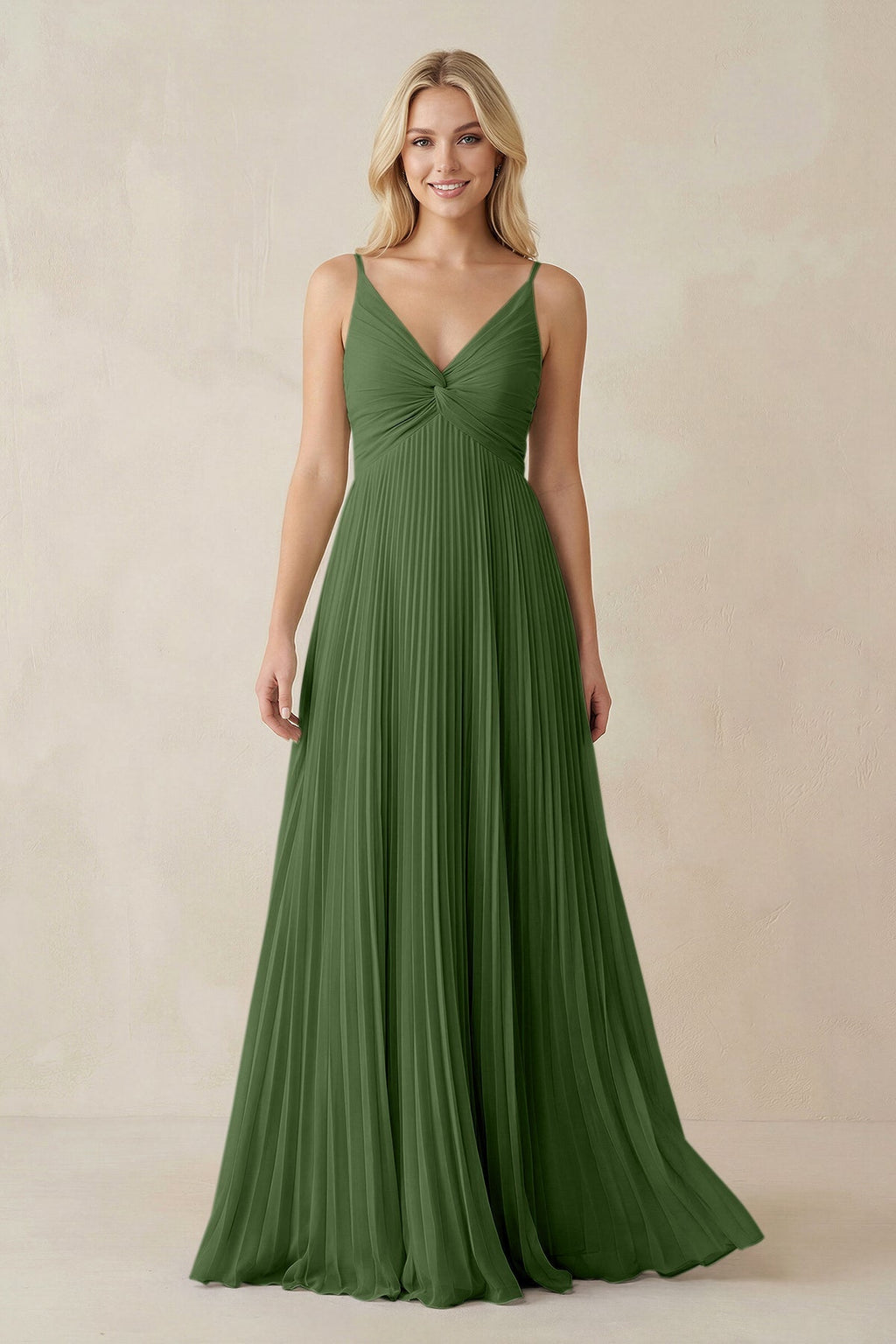 Pleated V - Neck A - Line Chiffon Bridesmaid Dress in Moss - SHE IS ME Bridesmaid Dresses