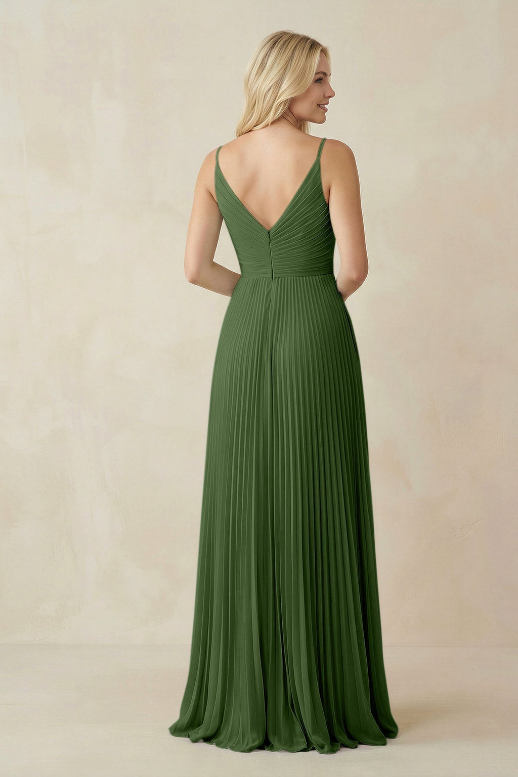 Pleated V - Neck A - Line Chiffon Bridesmaid Dress in Moss - SHE IS ME Bridesmaid Dresses