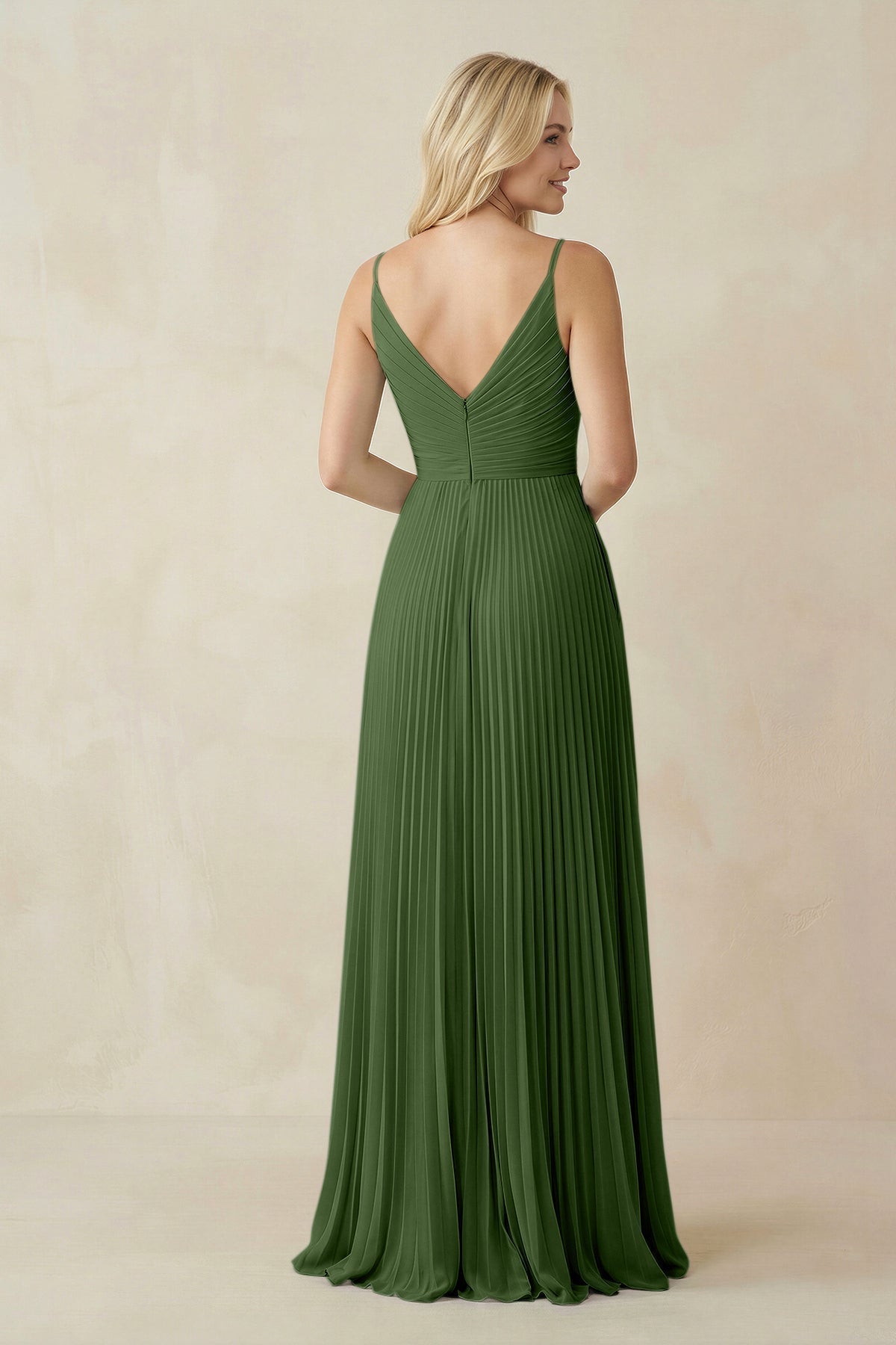 Pleated V - Neck A - Line Chiffon Bridesmaid Dress in Moss - SHE IS ME Bridesmaid Dresses