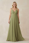Pleated V - Neck A - Line Chiffon Bridesmaid Dress in Moss Green - SHE IS ME Bridesmaid Dresses