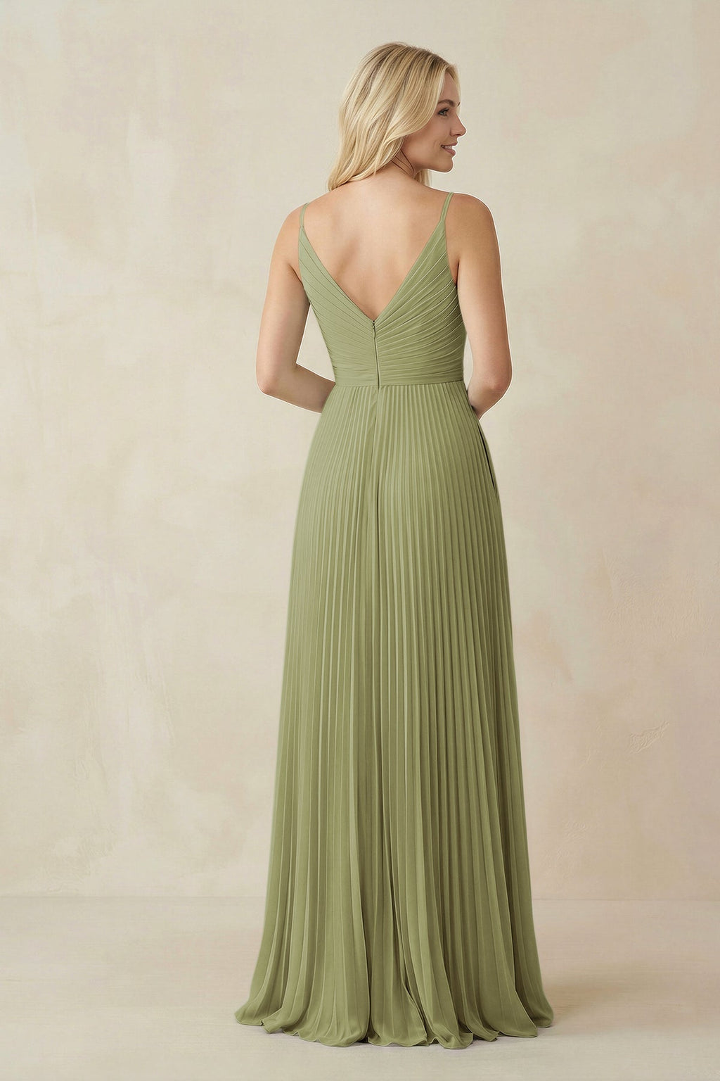 Pleated V - Neck A - Line Chiffon Bridesmaid Dress in Moss Green - SHE IS ME Bridesmaid Dresses