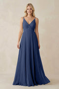 Pleated V - Neck A - Line Chiffon Bridesmaid Dress in Navy - SHE IS ME Bridesmaid Dresses