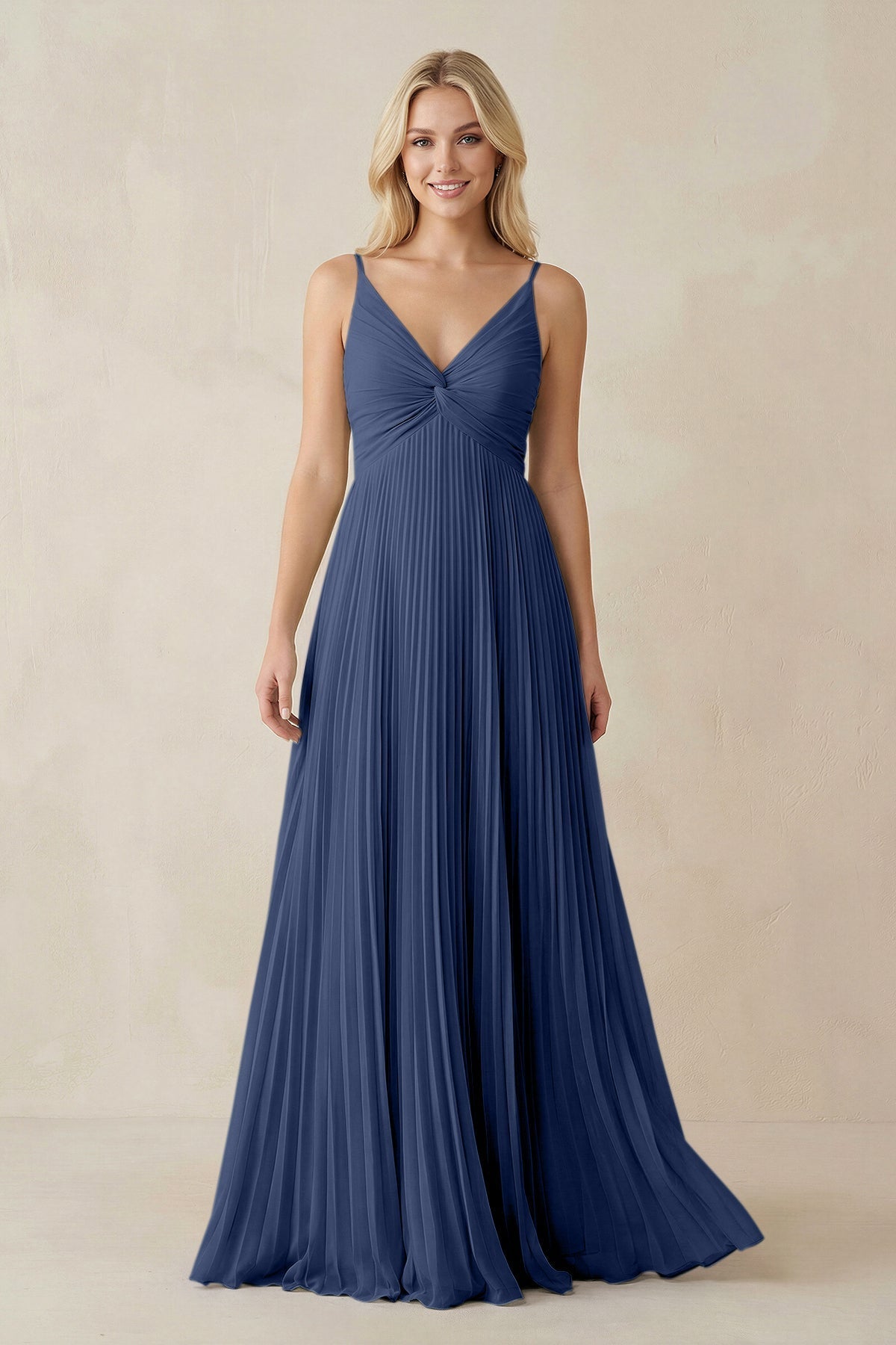 Pleated V - Neck A - Line Chiffon Bridesmaid Dress in Navy - SHE IS ME Bridesmaid Dresses