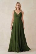 Pleated V - Neck A - Line Chiffon Bridesmaid Dress in Olive - SHE IS ME Bridesmaid Dresses