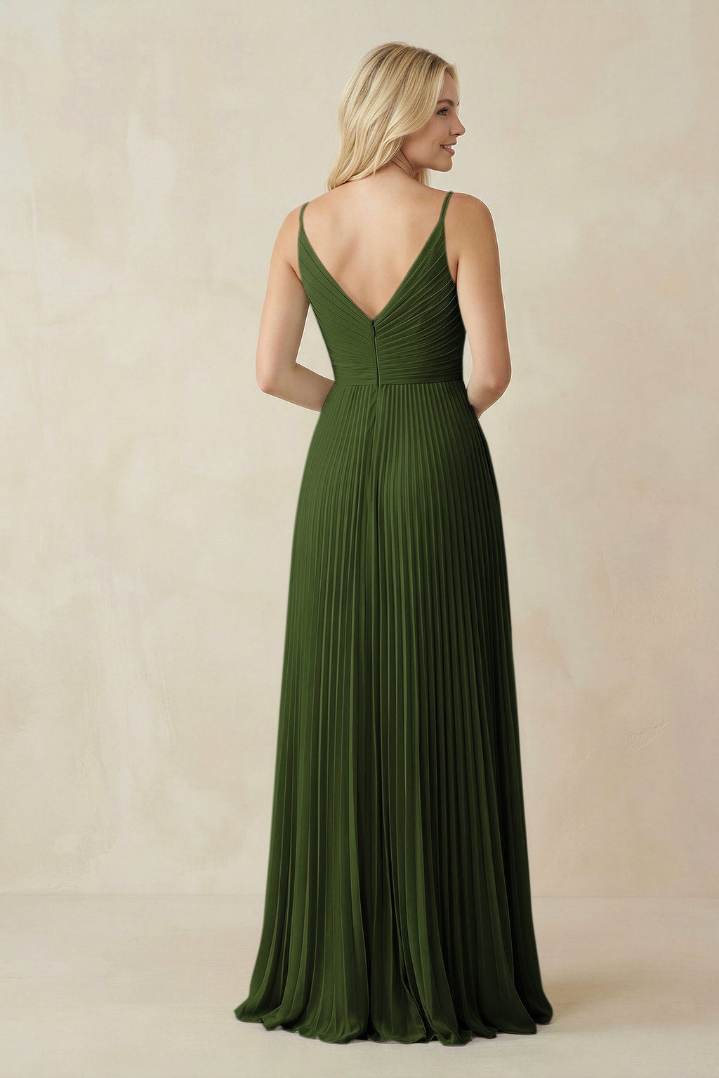 Pleated V - Neck A - Line Chiffon Bridesmaid Dress in Olive - SHE IS ME Bridesmaid Dresses