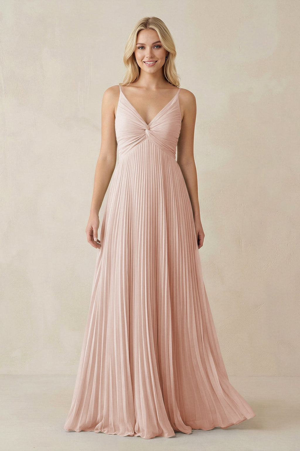 Pleated V - Neck A - Line Chiffon Bridesmaid Dress in Pale Blush - SHE IS ME Bridesmaid Dresses