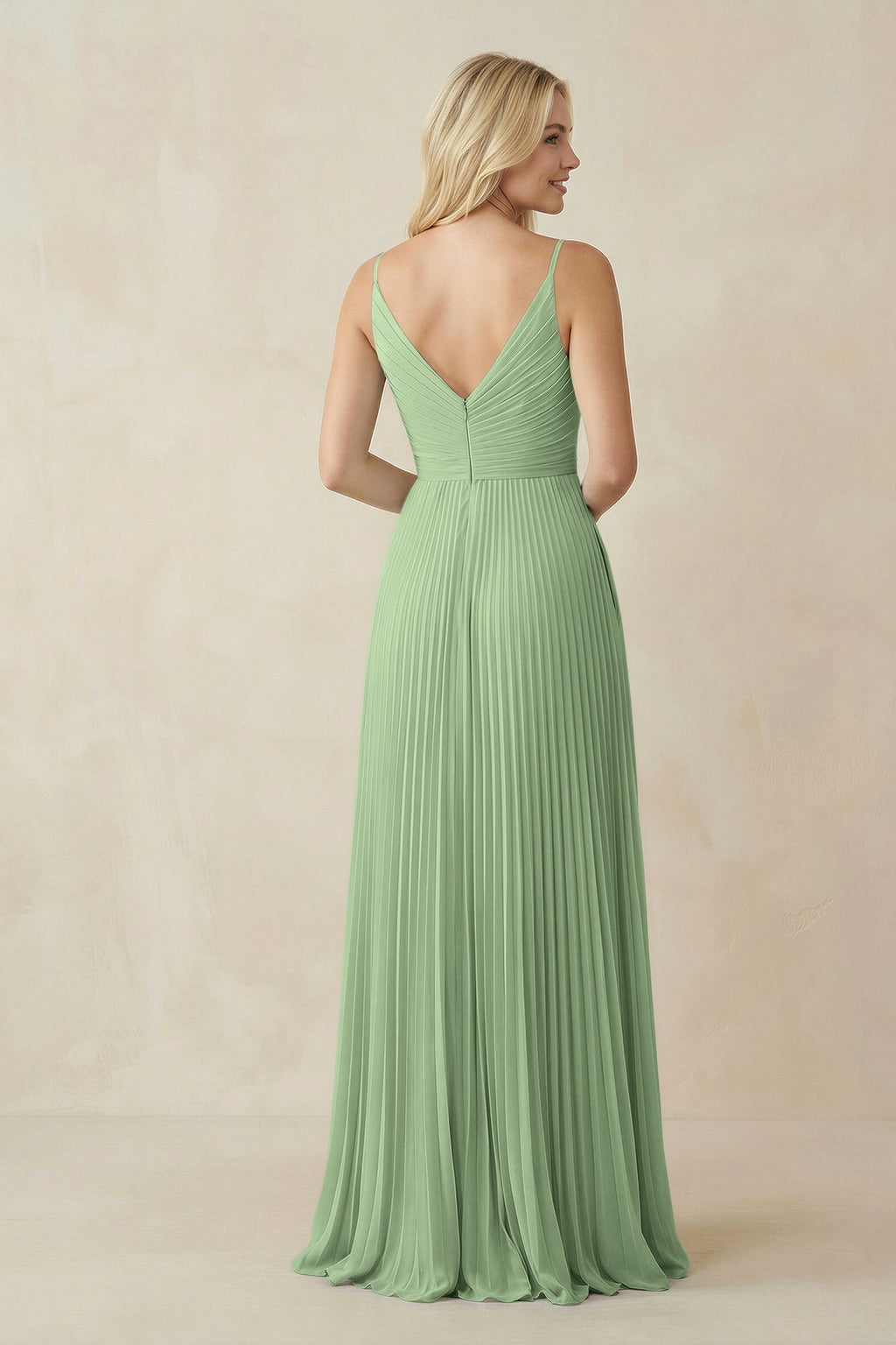 Pleated V - Neck A - Line Chiffon Bridesmaid Dress in Sage - SHE IS ME Bridesmaid Dresses