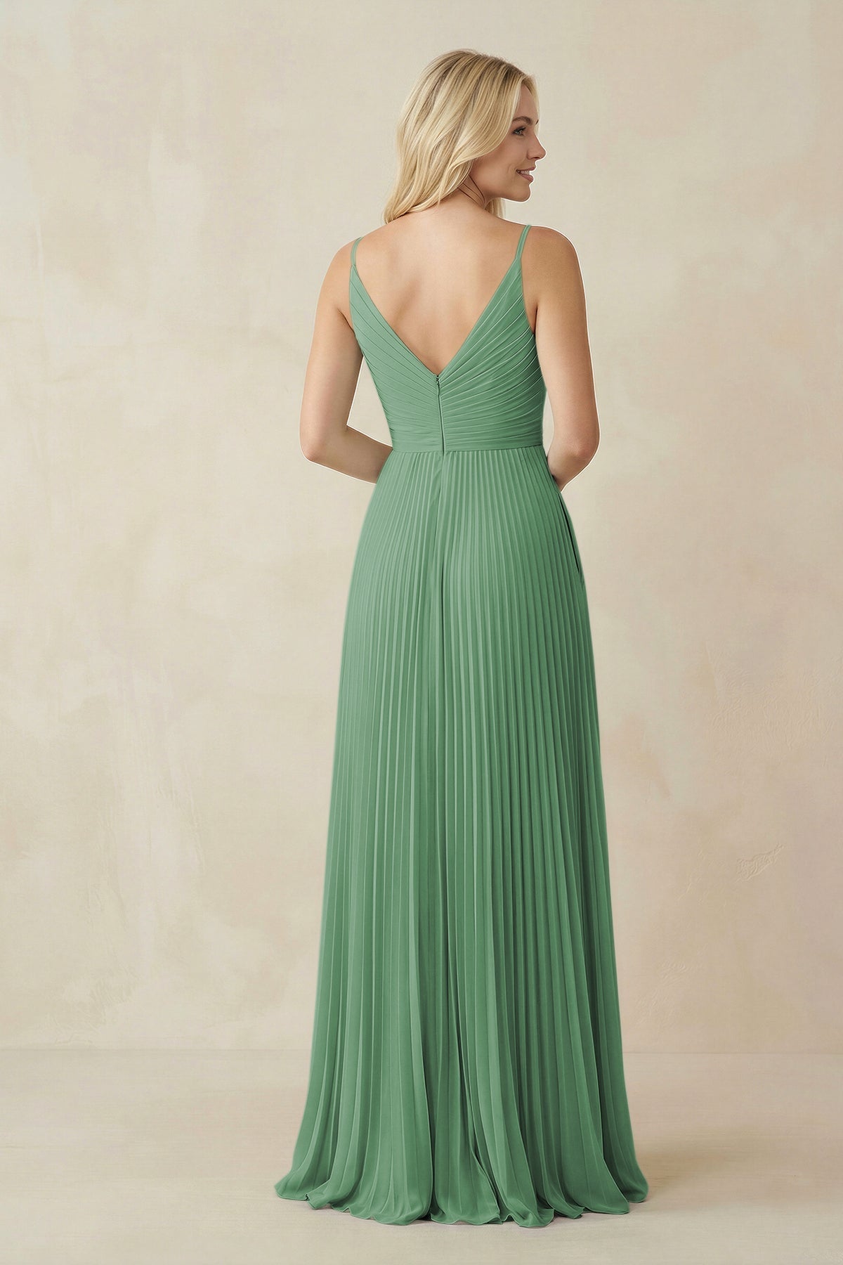 Pleated V - Neck A - Line Chiffon Bridesmaid Dress in Sea Glass - SHE IS ME Bridesmaid Dresses