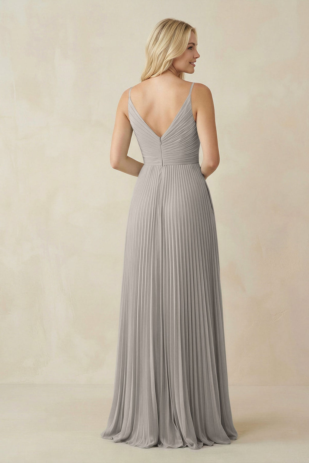 Pleated V - Neck A - Line Chiffon Bridesmaid Dress in Silver - SHE IS ME Bridesmaid Dresses