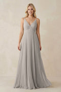 Pleated V - Neck A - Line Chiffon Bridesmaid Dress in Silver - SHE IS ME Bridesmaid Dresses