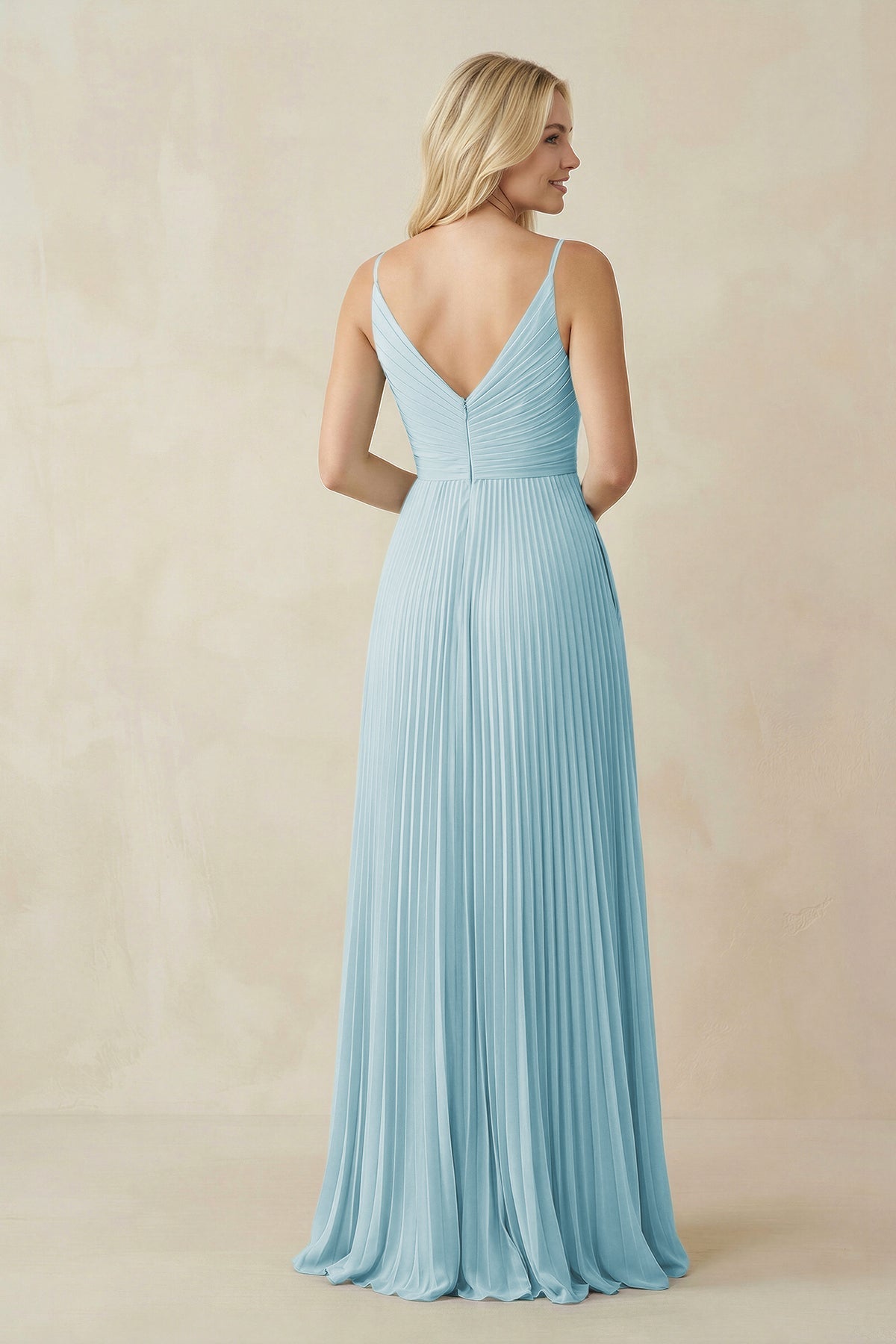Pleated V - Neck A - Line Chiffon Bridesmaid Dress in Sky Blue - SHE IS ME Bridesmaid Dresses