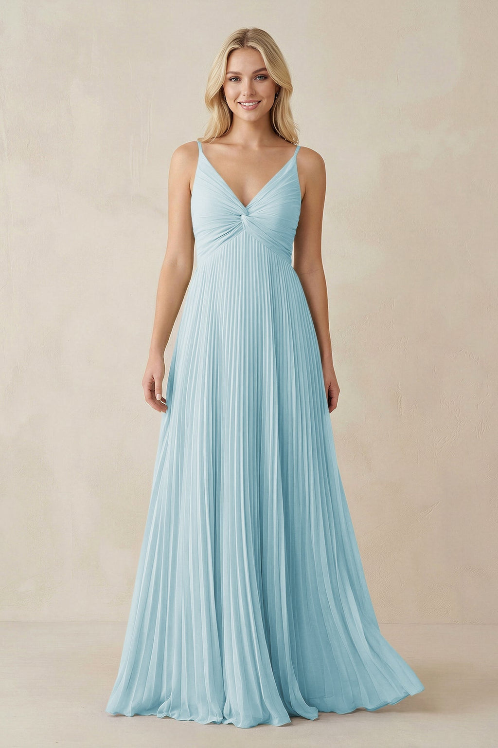Pleated V - Neck A - Line Chiffon Bridesmaid Dress in Sky Blue - SHE IS ME Bridesmaid Dresses