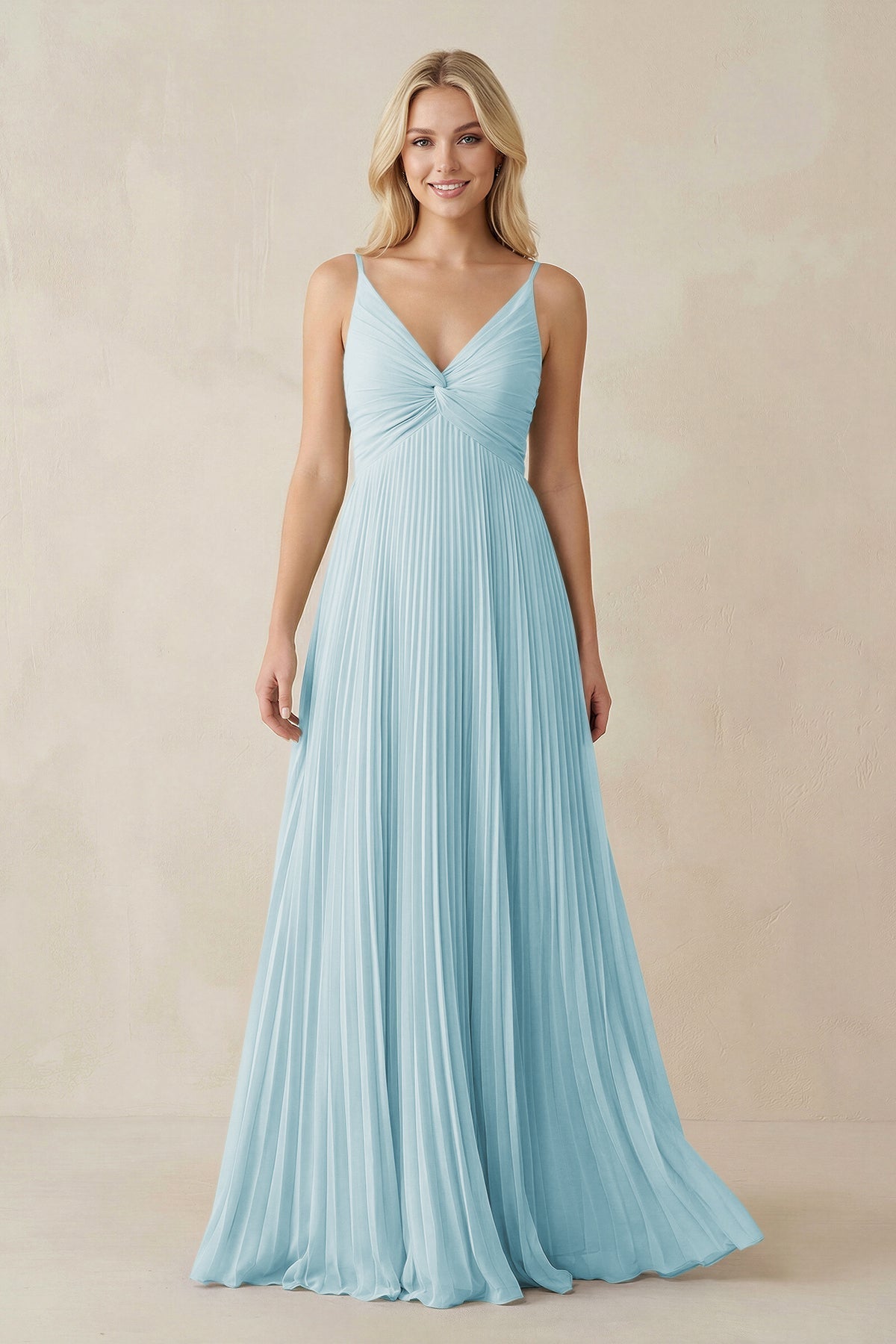 Pleated V - Neck A - Line Chiffon Bridesmaid Dress in Sky Blue - SHE IS ME Bridesmaid Dresses