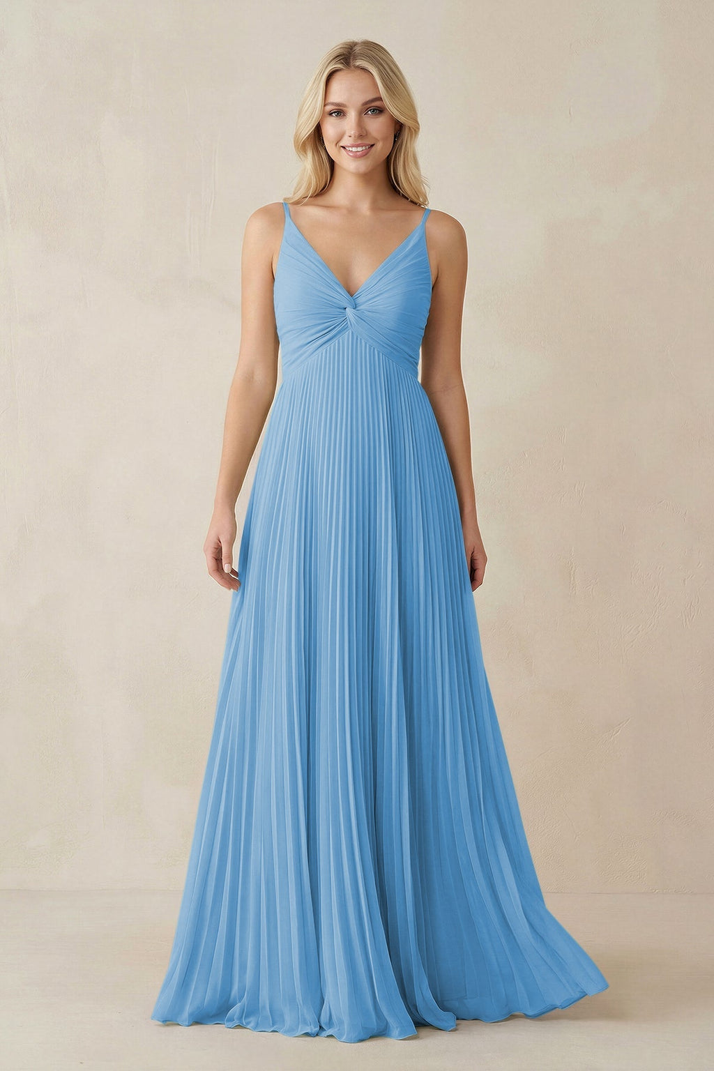 Pleated V - Neck A - Line Chiffon Bridesmaid Dress in Steel Blue - SHE IS ME Bridesmaid Dresses