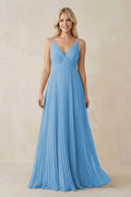 Pleated V - Neck A - Line Chiffon Bridesmaid Dress in Steel Blue - SHE IS ME Bridesmaid Dresses