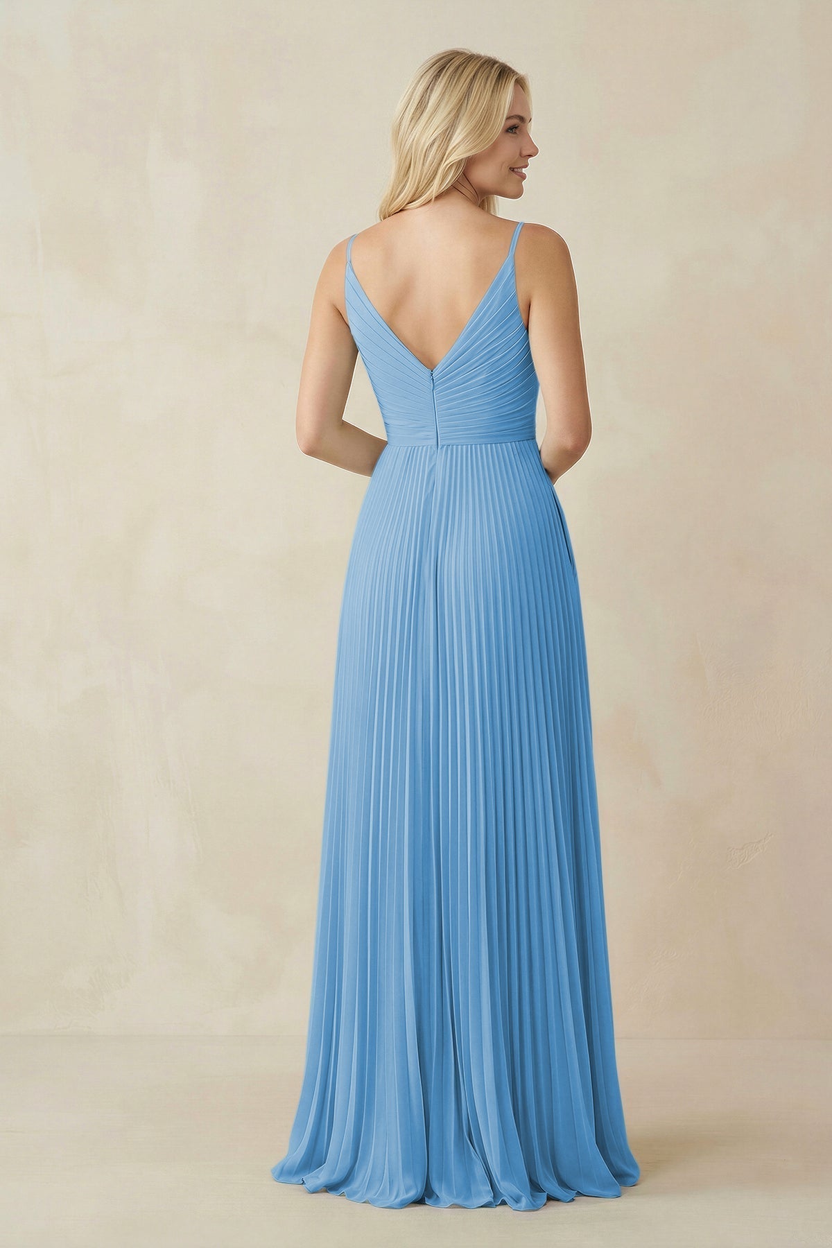 Pleated V - Neck A - Line Chiffon Bridesmaid Dress in Steel Blue - SHE IS ME Bridesmaid Dresses