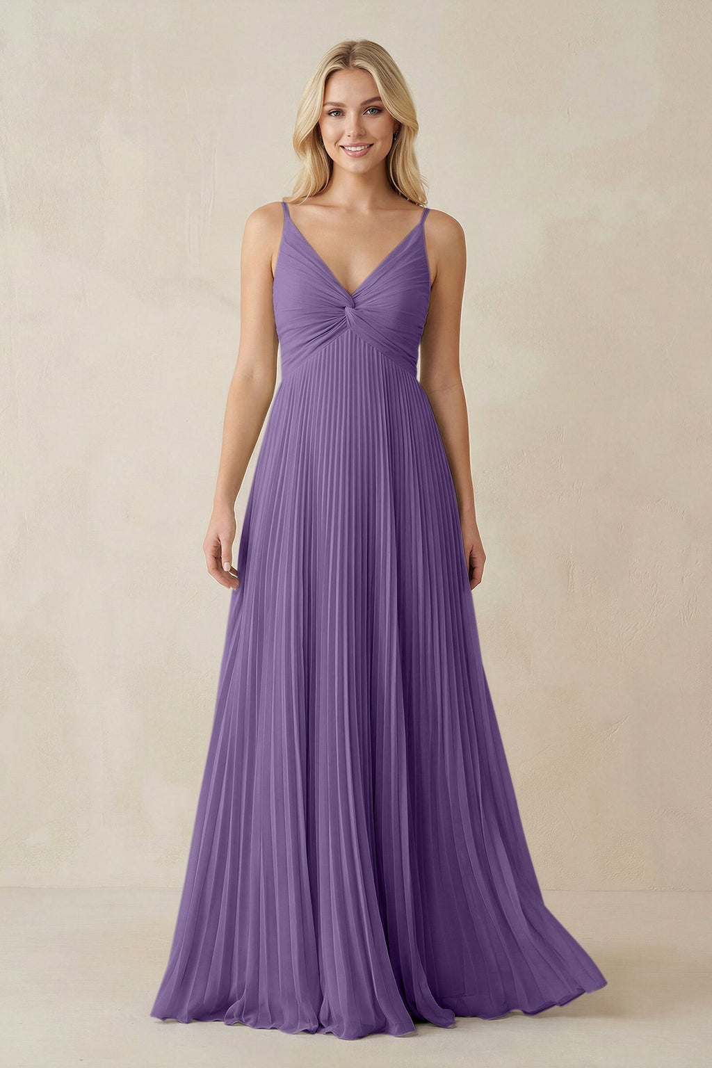 Pleated V - Neck A - Line Chiffon Bridesmaid Dress in Tahiti - SHE IS ME Bridesmaid Dresses