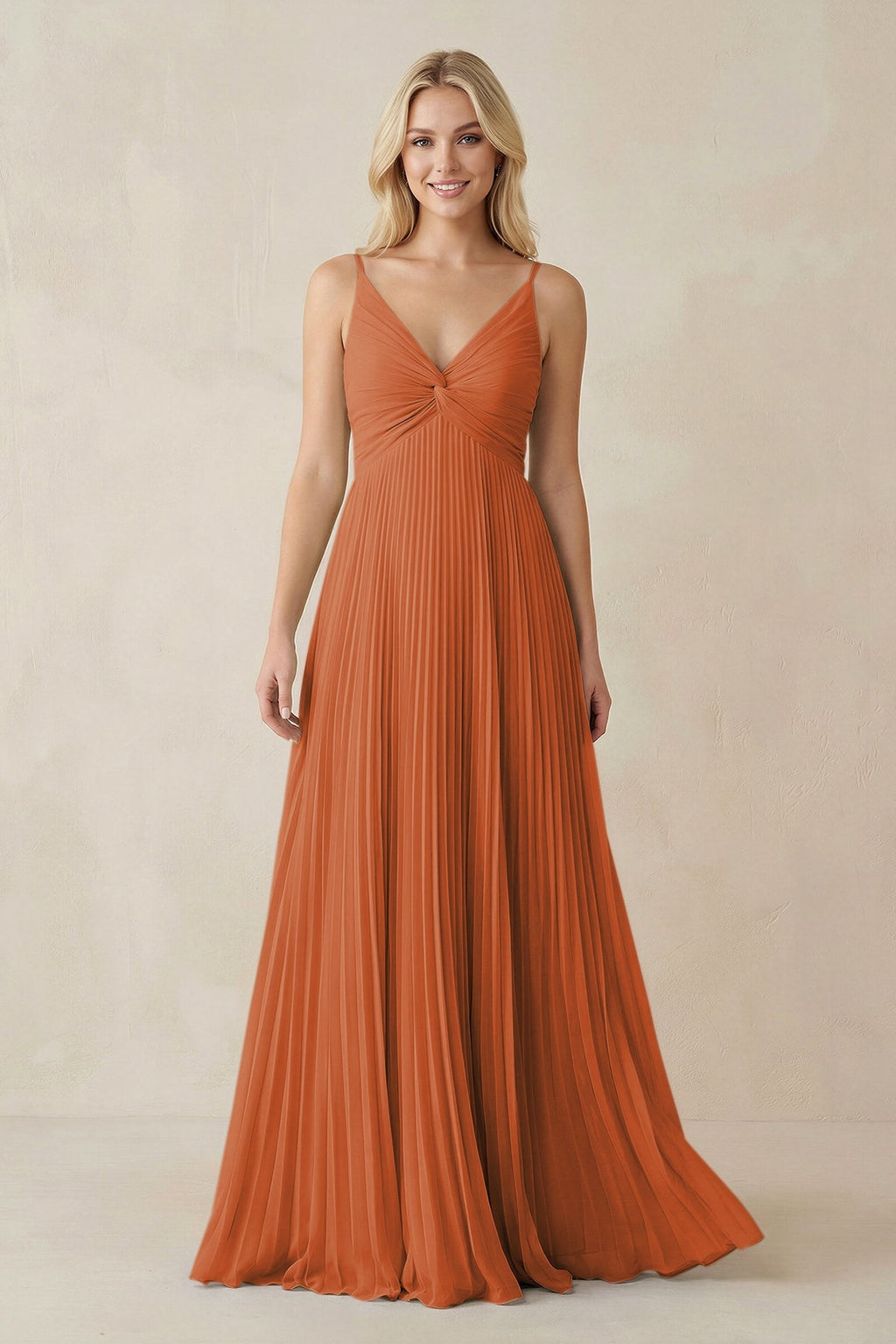 Pleated V - Neck A - Line Chiffon Bridesmaid Dress in Terracotta - SHE IS ME Bridesmaid Dresses